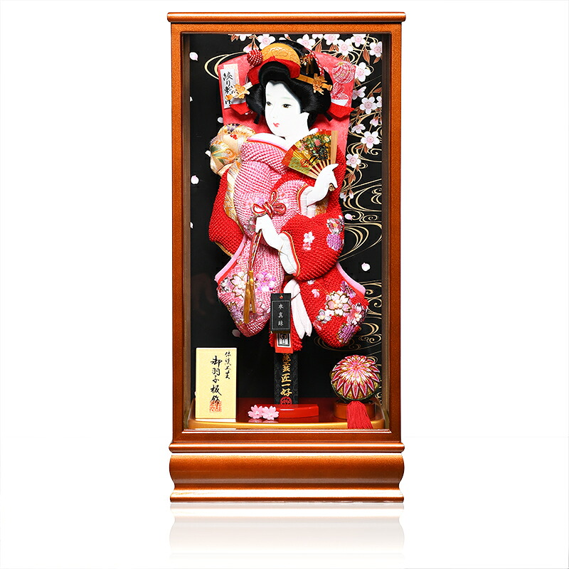 【羽子板】【匠一好】15号花雅:鹿の子本真珠金彩桜刺繍振袖押絵羽子板:梨地塗杢製ケース;匠一好作【羽子板ケース】【正月飾】