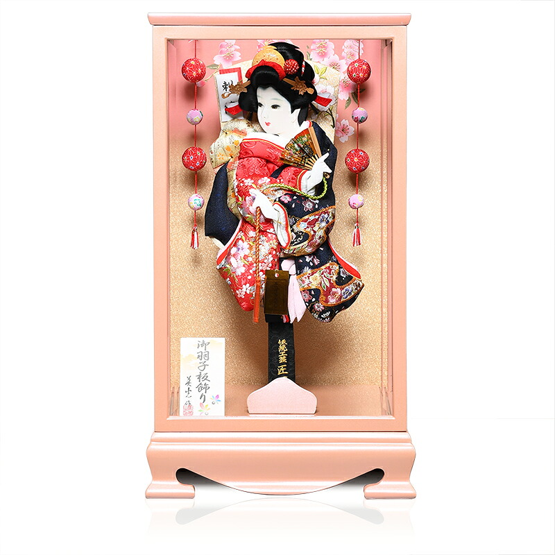 【羽子板】13号栄華:金襴駒取桜刺繍振袖押絵羽子板:パールピンク面取ケース;匠一好作【羽子板ケース】【正月飾】