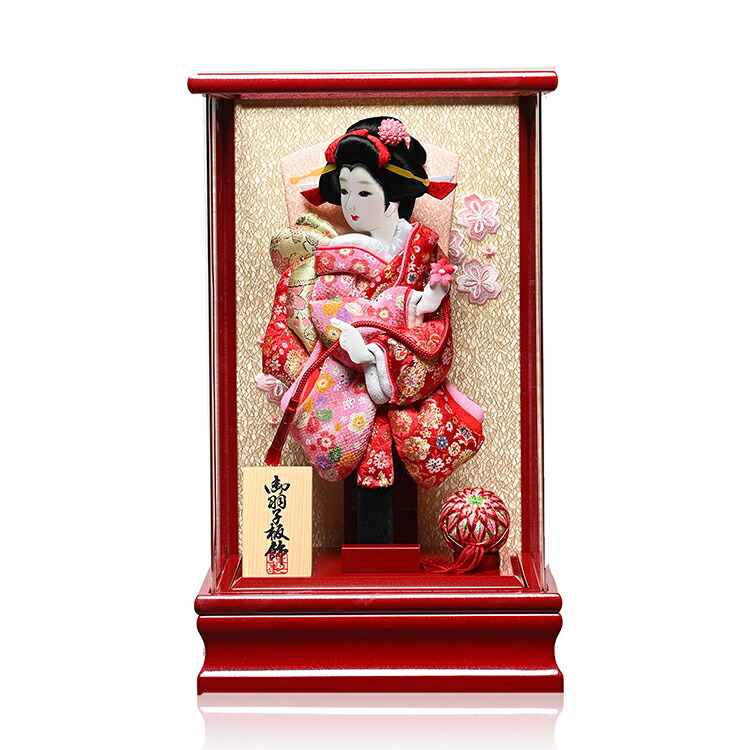 【羽子板】【羽子板盾飾】羽子板彩：8号鹿の子/花柄裂地押絵羽子板パールレッド毬付ケース【羽子板ケース】【正月飾】