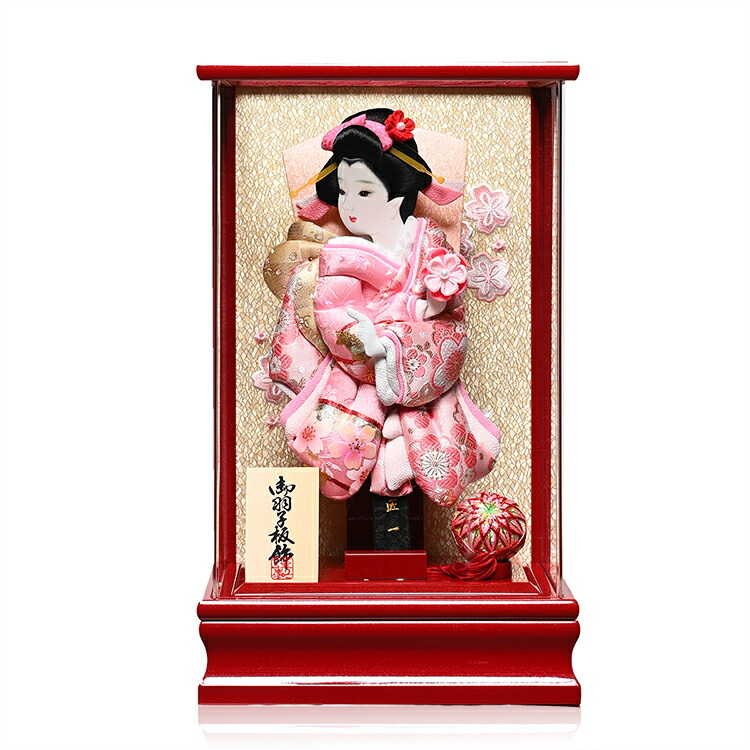 【羽子板】羽子板?8号薄桃色金襴/金彩桜/金襴振り袖押絵羽子板：パールレッド手毬付アクリルケース；伏見屋監修【羽子板ケース】