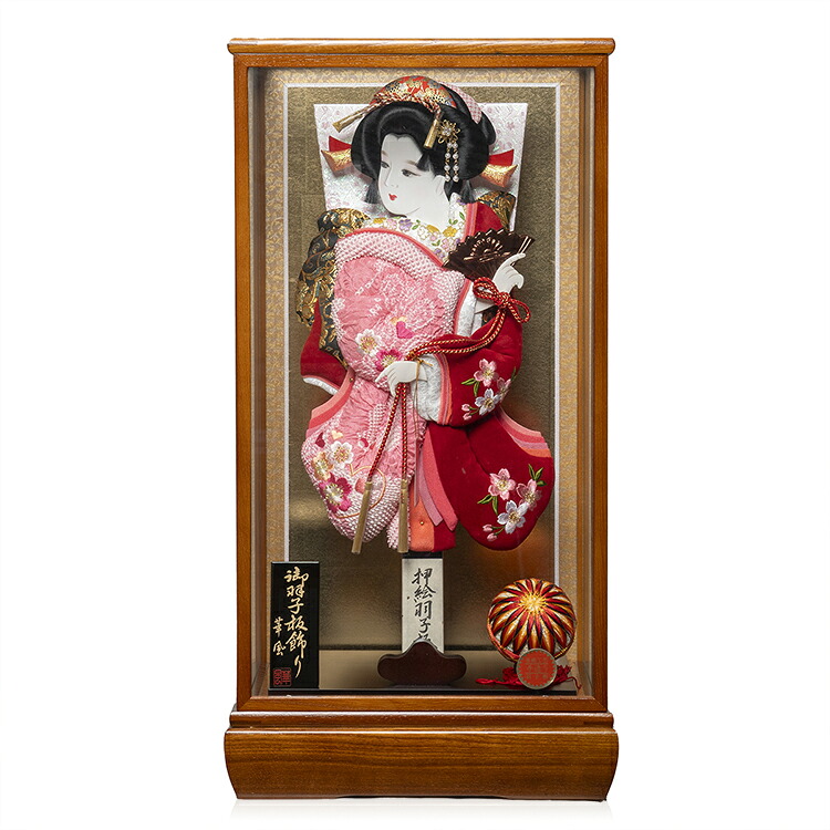 【羽子板】羽子板17号道成寺有松絞桜刺繍/別珍桜刺繍振袖押絵羽子板:：タモ材金背景ケース；伏見屋監修【羽子板ケース】