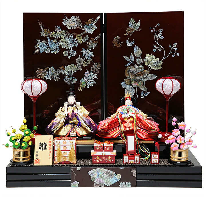 【雛人形】【平飾り】【親王飾】芥子親王桜刺繍雛螺鈿飾：潤祥作【ひな人形】｜人形の伏見屋