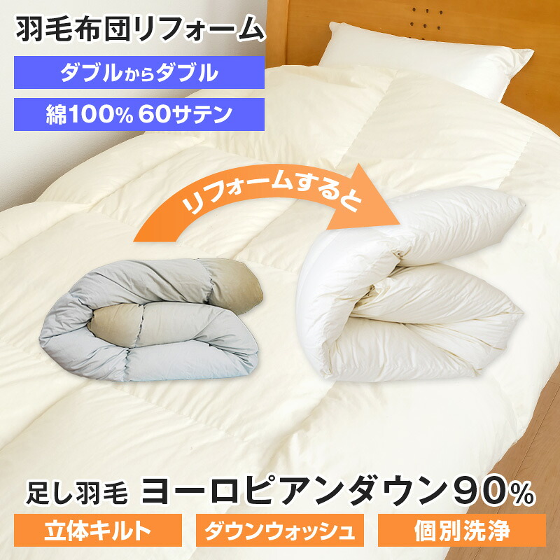 【ポイント10倍★7/26 1:59迄】羽毛布団 リフォーム 打ち直し ダブルサイズ1枚 190&times;210cm ヨーロピアンダウン90％ 立体キルト 綿100％ 60サテン 個別洗浄｜創業明治33年大杉屋ふとんの玉手箱