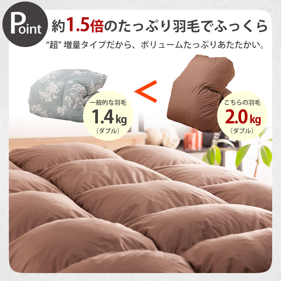 羽毛布団 ダブルロングサイズ ダブルサイズ 抗菌 2.0kg 防臭 シルバーダックダウン50% あったか 超増量 アレルG 190×210 ホワイトダックダウン50%