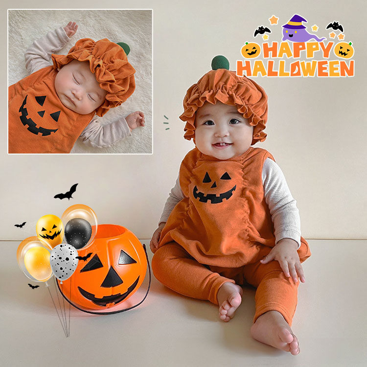 ハロウィン コスプレ カボチャ衣装 ハロウィン ベビー ハロウィン 1歳 2歳 ロンパース ハロウィン 仮装 可愛い ロンパース ベスト カボチャ柄 オレンジ ベビー服 ハロウィン キッズ おもしろ 仮装 コスチューム 衣装 ハロウィン 衣装 男の子 ハロウィン衣装 発表会 記念撮影画像