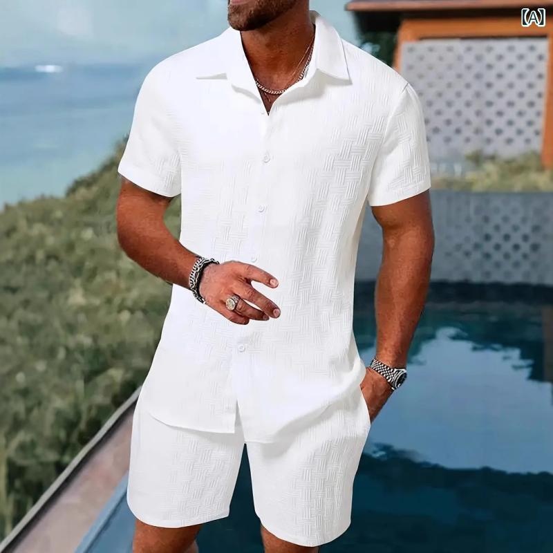 2025 欧米 夏 ジャカード 白黒 純 色 スーツ 半袖 男性 休暇 レジャー 風 シャツ パンツ 2 点 セット