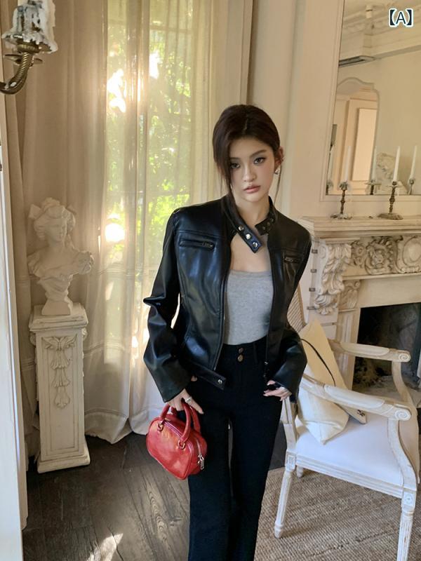 ジッパーの ジャケットの アメリカの レ トロな 黒い クールな 女の子の 立 襟の 機関 車の 短い 革の 服の 女性の 高級 感が 小さいです。