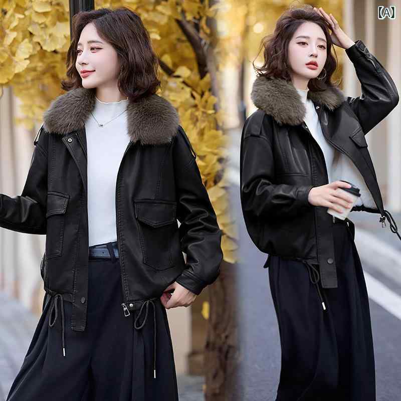 女性の 皮の 服の 秋冬の 新型の 大きい 毛の 襟と ベルベットの 厚い カジュアルな ジャケットの PUの 皮の 服の コートの 女性の ZH 1139