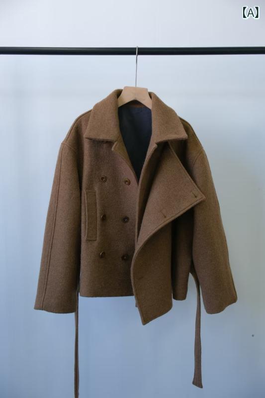 LEMA 秋冬 新作 デザイン、 無地 アシンメトリーウエストマークショートコート、 女性 用 高級 ウール コート