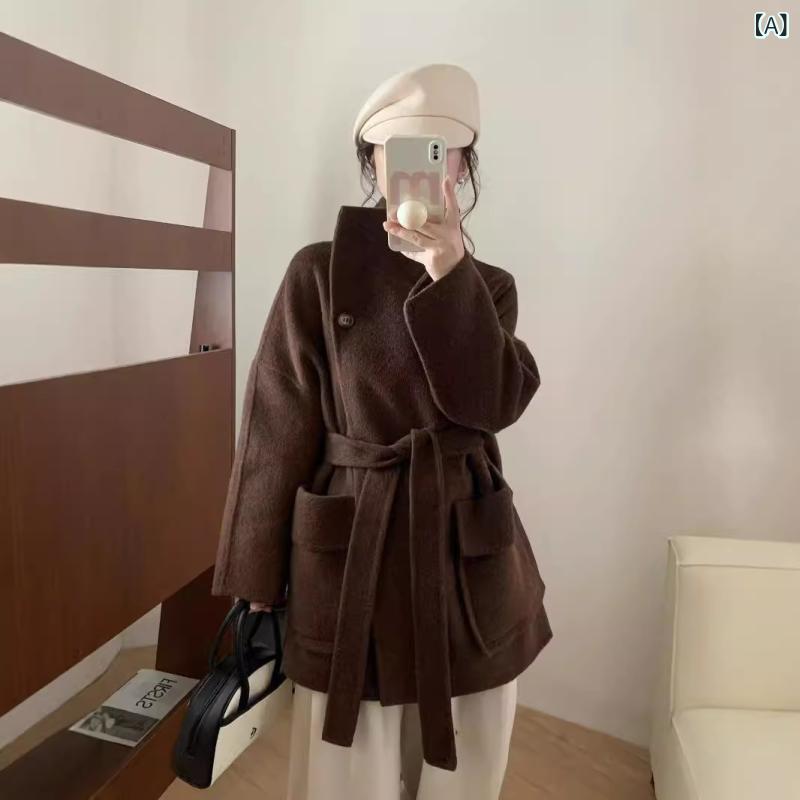 韓国 版の 中の コーヒー 色の 両面の ウールの コートの 女性の 2024 冬の 新型の ハイエンドの ウールの 小さい 背の 毛の コート