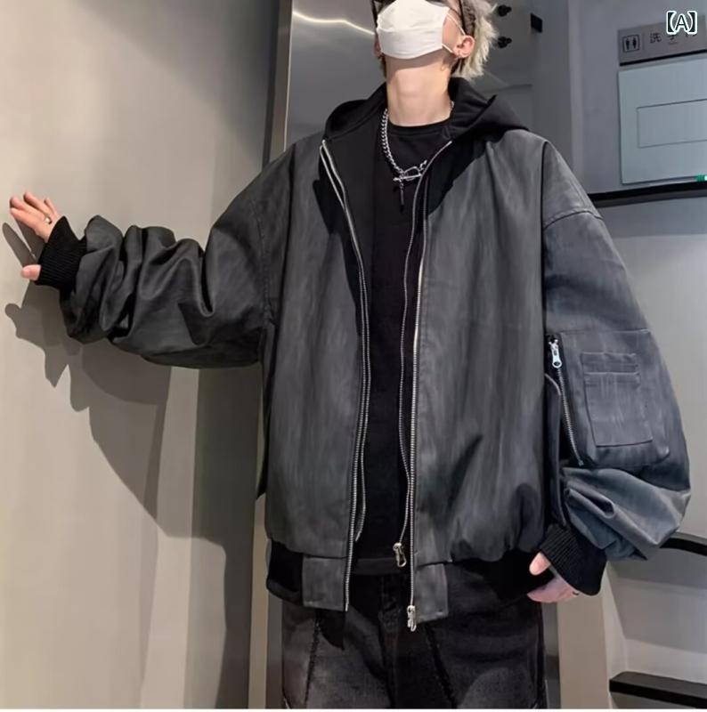 欧米の hiphopの 偽の 2つの コートの 男性の 春秋の 金の 潮の ブランドの ごろつきの 帥は 帽子の 野球の 服の パイロットの ジャケットの 皮の 服を つないで います。