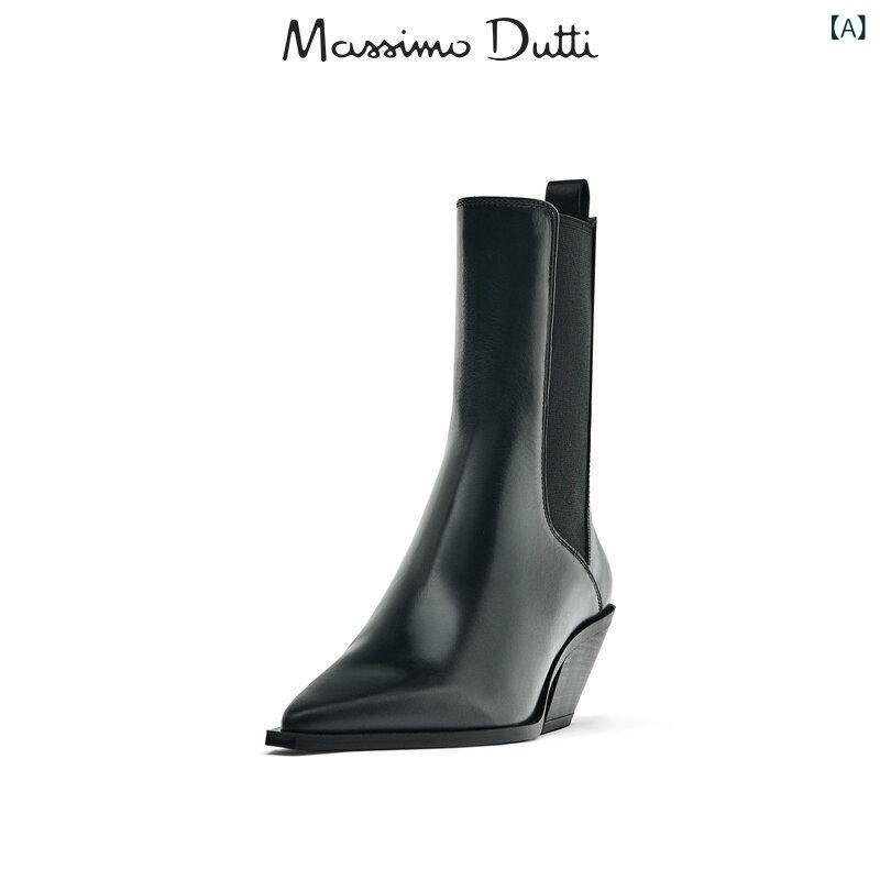 Massimo Dutti ブーツ 2024 冬の新 黒 ポインテッドトゥアンクルブーツ本 革 ハイヒールチェルシーショートブーツ