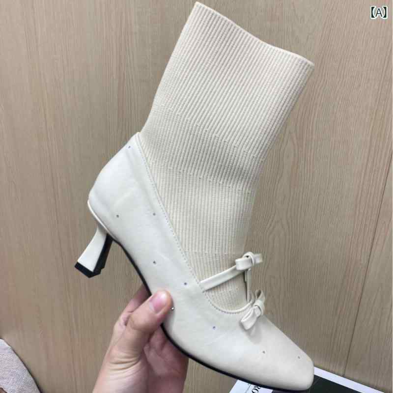 【 現物】 フランスの 蝶結びの ハイヒールの ショート ブーツの 女性の 太 さと 気質の 弾力 性の やせて いる 靴の 方 頭の ニット ブーツ