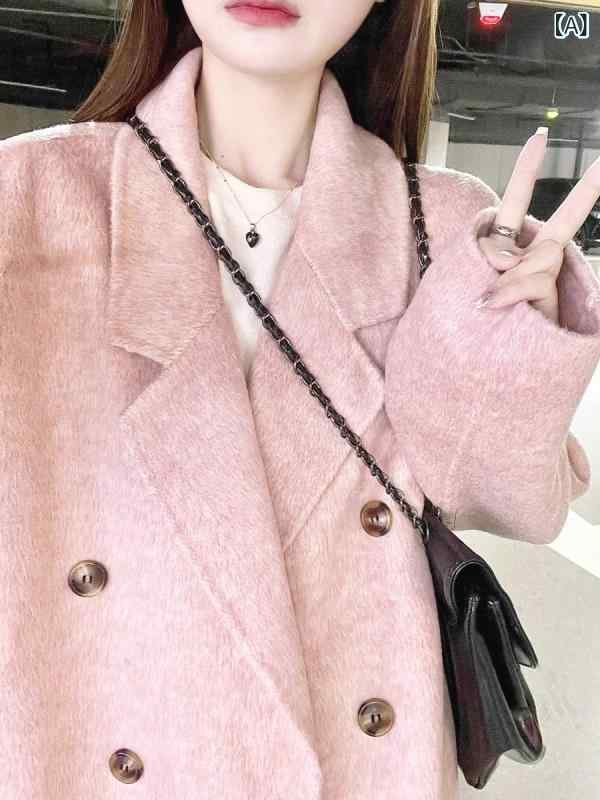 ピンクの カシミヤの ラシャの コートの 女性の 長い タイプの 2024 秋冬の 新型の 気質の 小さい 背の 韓 系の 毛の コート