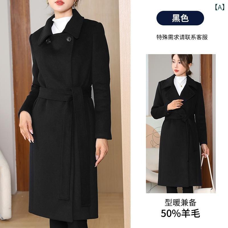 職業 感の フロントの 秋冬 毛は コートの 女性の カシミヤの コートの 工 装の 厚い 長い タイプの ビルの 部の 新型の 修身の 黒色です。