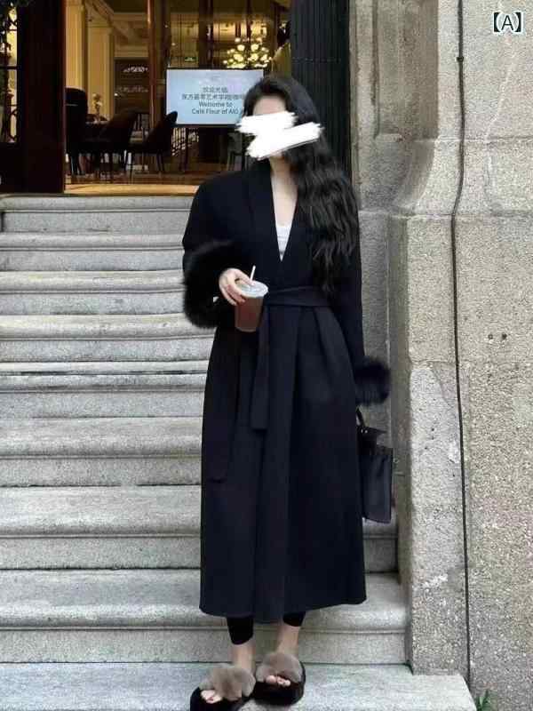 雰囲気の バスローブの 長い タイプの ウールの 両面の ラシャの コートの 女性の 高級な 秋冬は 本当に キツネの 毛の コートを 取り外します。