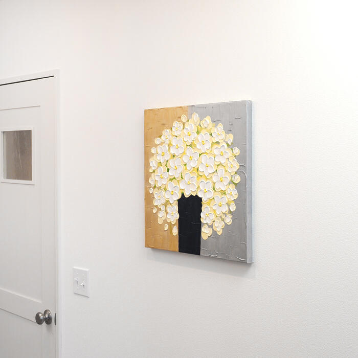 風水運気が上がる絵「花瓶の花々」黄色/ゴールド50角送料無料インテリア玄関リビング壁掛け金運財運健康運おしゃれ飾る新築祝い引っ越し祝い開店祝い立体的エントランス店舗結婚祝い母の日