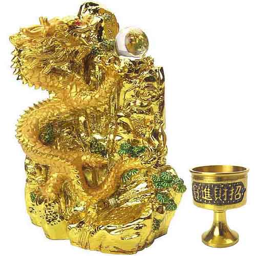 【送料無料】≪寿山石≫黄金皇帝・山昇龍 特典：天然水晶&水杯付き 開運金運の風水グッズ/天然石/パワーストーン/ドラゴンの置物招福