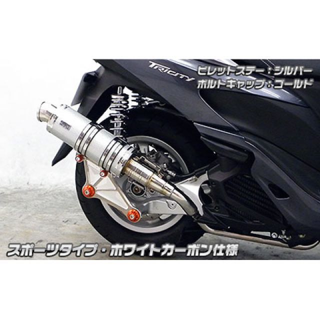 WirusWin トリシティ125用 アニバーサリーマフラー スポーツタイプ ホワイトカーボン仕様 ビレットステー シルバー ボルトキャップ シルバー オプション なし ウイルズウィン マフラー本体 トリシティ125｜パークアップ 店