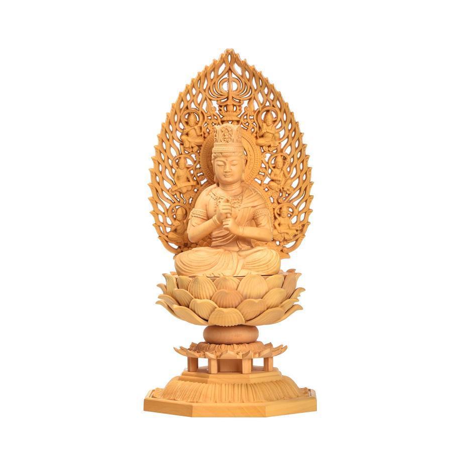 大日如来 真言宗 仏像 仏壇仏像 木彫り 柘植の木 飛天光輪 蓮華基礎 未年・申年 守り本尊（高さ17cm×巾8.5cm×奥ふかさ8.5珊） (原木)