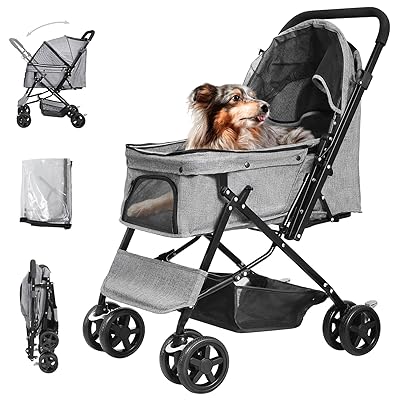 ペットカート 軽量 折りたたみ 対面式 2way 犬用ベビーカー 猫バギー 4輪 前輪360度回転 後輪ブレーキ付 中型犬 小型犬 多頭用 猫犬兼用 老犬 お出かけ 通院 介護用 多機能 ペットバギー ドッグカート 耐荷重20KG (グレー レインカ｜グリーンフィールドジャパン