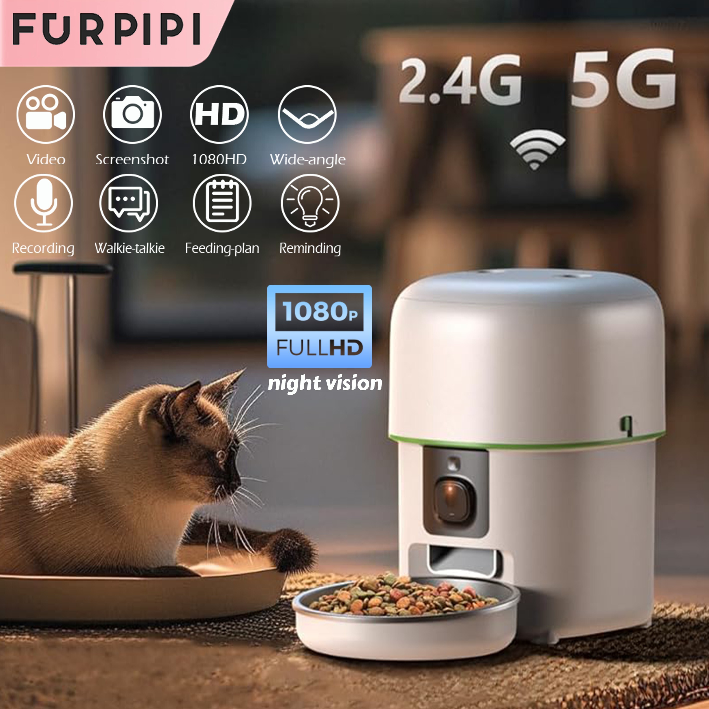 1080P 固定ディスク 写真機自動小銃猫フィーダー 5GWiFi Tuya 愛玩動物猫スマートフードキブルディスペンサー自動小銃