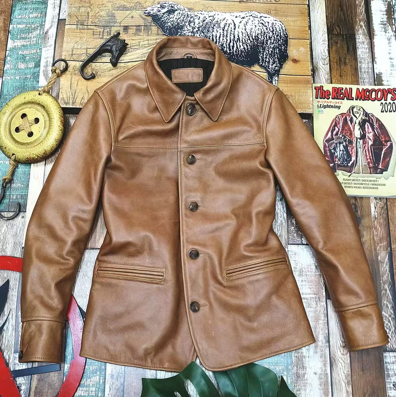 高品質 カウハイド 復刻50's カーコート レザージャケット ナチュラルブラウン Mサイズ ドライビング ブレーキマン (株)C&Jオイルレザ|G-FRONTIER店