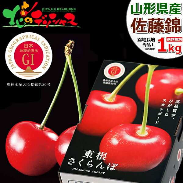 【予約】 山形県産 GI 東根さくらんぼ 佐藤錦 1kg (秀品/Lサイズ/ばら詰め/500g×2p/化粧箱入り/冷蔵便) <BR><BR>旬 サクランボ 初夏 夏ギフト お中元 ギフト 贈り物 贈答 お祝い お礼 お返し プレゼント 果物 フルーツ 山形県 東根市 送料無料 お取り寄せ