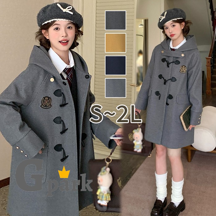 ダッフルコート レディース ロングコート スクールコート 制服風 学生 アウター フード付き 防寒 秋冬 通学 通勤 シンプル 無地 上品 きれいめ 大人可愛い S M L 2L グレー ネイビー キャメル md037d7d7m7