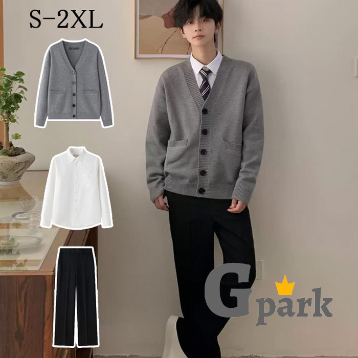 S-2XL 卒業式 スーツ 男の子 カーディガン セーター 4点セット 制服 グレー 大きいサイズ 無地 スクールカーディガン スクール ニットベスト 春 ニットソー リブ Vネック 通学 中学生 高校生 mc060zbzbm7