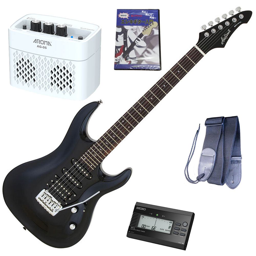 セイコーチューナー＆アンプ＆教則セット！AriaProII エレキギター MAC-STD MBK＋SAT10B＋ギターストラップ＋AG-05 WH＋教則DVD 28,724円