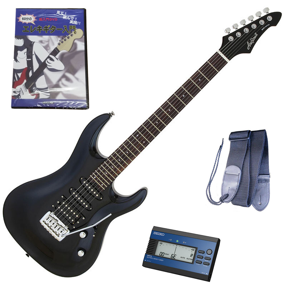セイコーチューナー&教則セット!AriaProII エレキギター MAC-STD MBK+SAT10L+ギターストラップ+教則DVD
