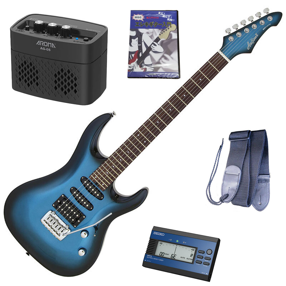 セイコーチューナー＆アンプ＆教則セット！AriaProII エレキギター MAC-STD MBS＋SAT10L＋ギターストラップ＋AG-05 BK＋教則DVD