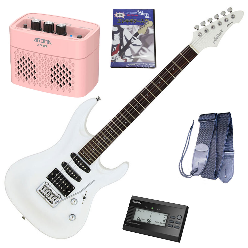 セイコーチューナー＆アンプ＆教則セット！AriaProII エレキギター MAC-STD PWH＋SAT10B＋ギターストラップ＋AG-05 PK＋教則DVD 28,724円
