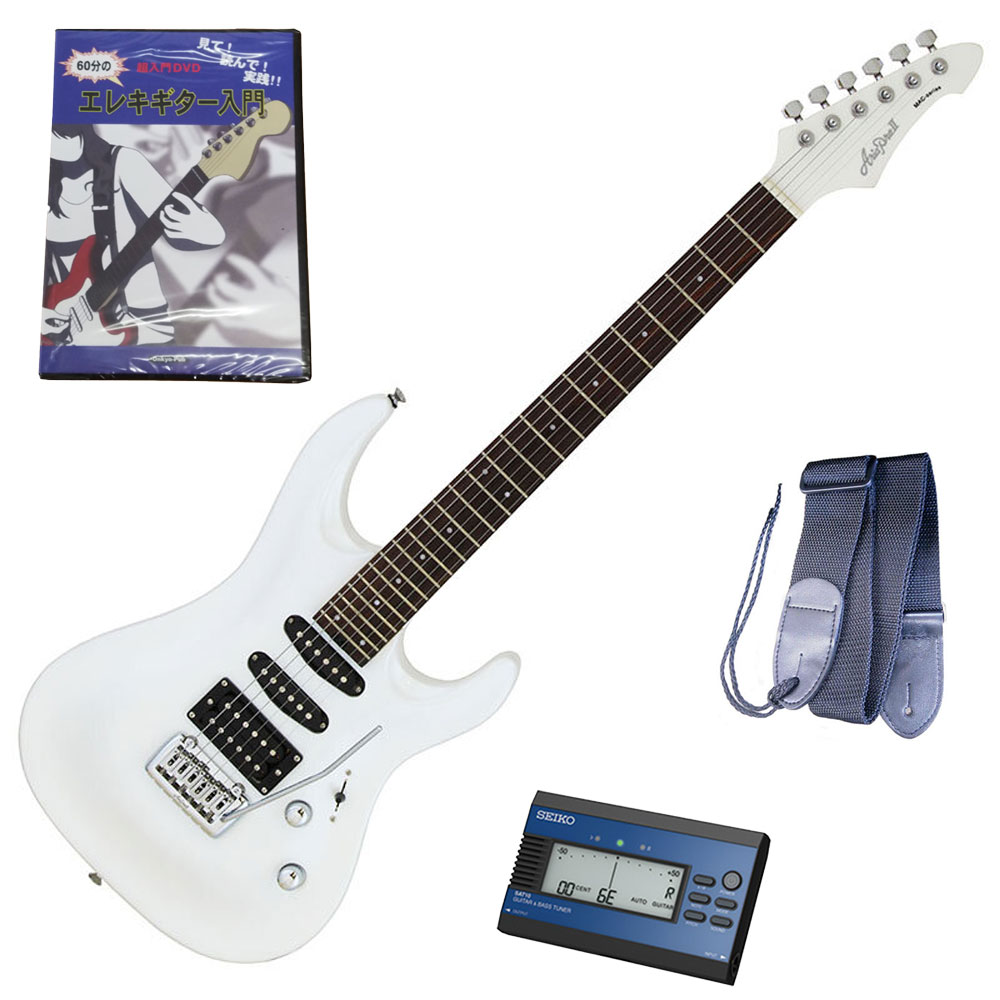 セイコーチューナー＆教則セット！AriaProII エレキギター MAC-STD PWH＋SAT10L＋ギターストラップ＋教則DVD