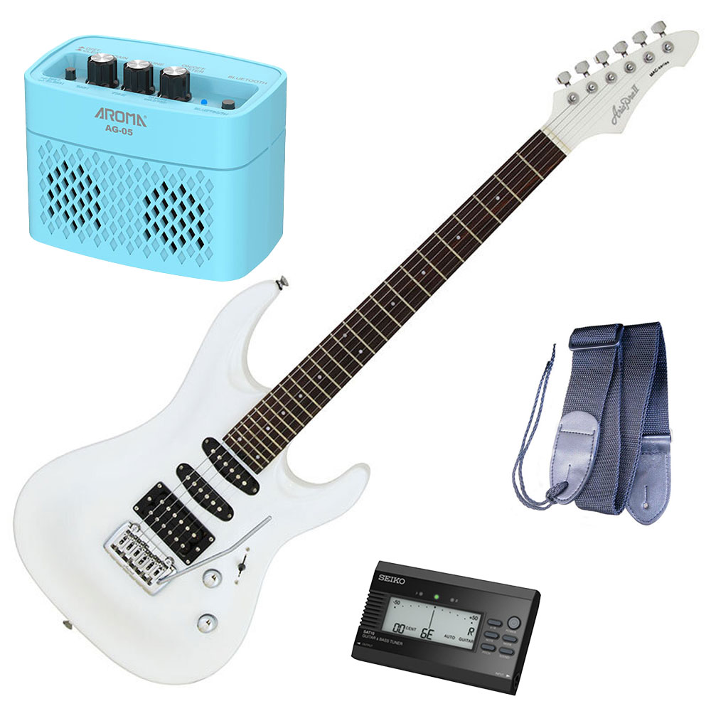 セイコーチューナー＆アンプセット！AriaProII エレキギター MAC-STD PWH＋SAT10B＋ギターストラップ＋AG-05 BL
