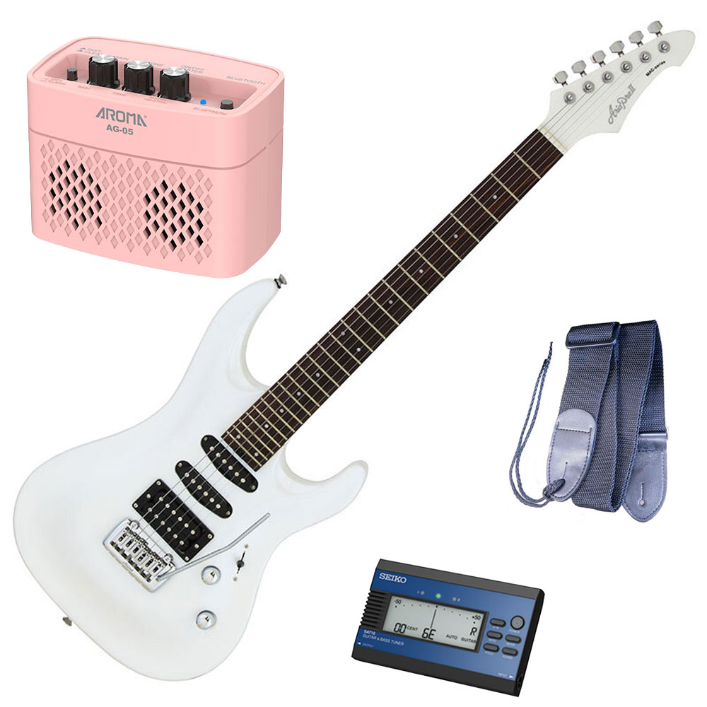 セイコーチューナー＆アンプセット！AriaProII エレキギター MAC-STD PWH＋SAT10L＋ギターストラップ＋AG-05 PK