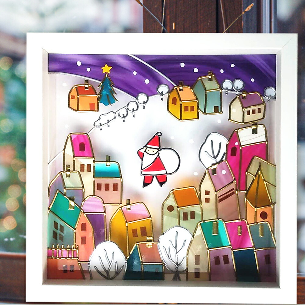 迷子になったサンタクロース【送料無料】ステンドグラス風アート　X'mas　サンタ　ゴールド　おしゃれ　インテリア　リビング　ギフト　ハンドメイド　オリジナル　ステンドグラス風　グラスアート