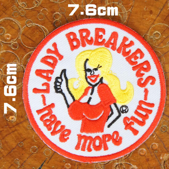 刺繍アイロンワッペン【LADY BREAKERS/レディーブレイカーズ】丸 赤白黄色 アメカジ セクシー ガール ピンナップガール パッチ アップリケ 英語 スラング画像