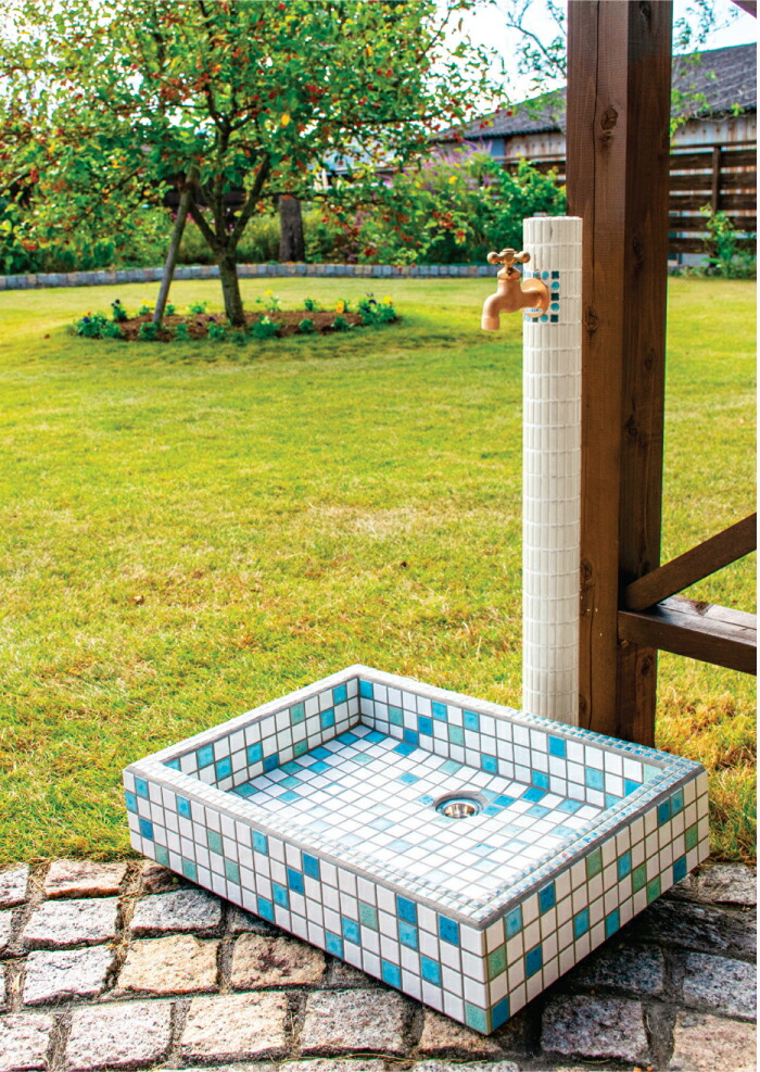 ガーデンパン タイル張り四角浅型 ガーデンポット 流し台 タイルパン 4カラー ガーデンシンク モザイクタイル 水鉢 タイルの水鉢