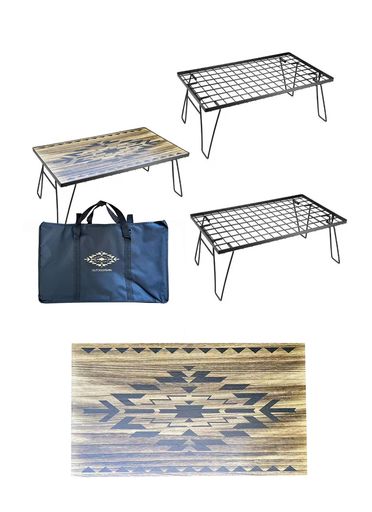 OUTDOORSHINフィールドラックオルテガ柄天然木製天板マルチラック収納ラックキャンプアウトドアテーブル折りたたみテーブル黒メッキスチール製収納ケース付き(ラック本体3個天板Aカラー… 9,364円