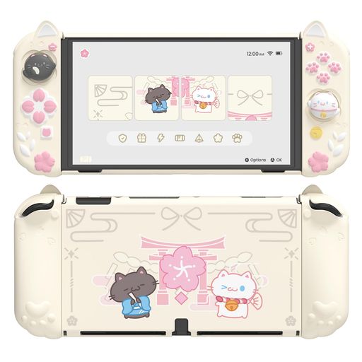PlayVitalNintendoSwitchOLED対応保護ケース耐衝撃ドック対応有機el対応ハードカバー+シリコングリップ付き折り畳み式スタンド付属和風子猫デザイン【アイボリー】