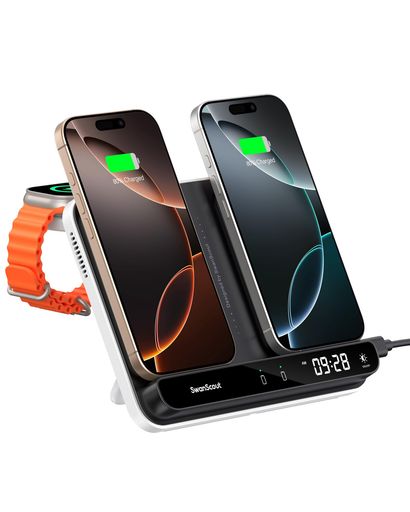 ワイヤレス充電器2台、iphone充電スタンド2台同時、折りたたみ式充電ステーション、置くだけ充電、iPhone16/15/14/13/12/11/8/Xシリーズ対応、AppleWatch10/9/8/7/6/Ultra