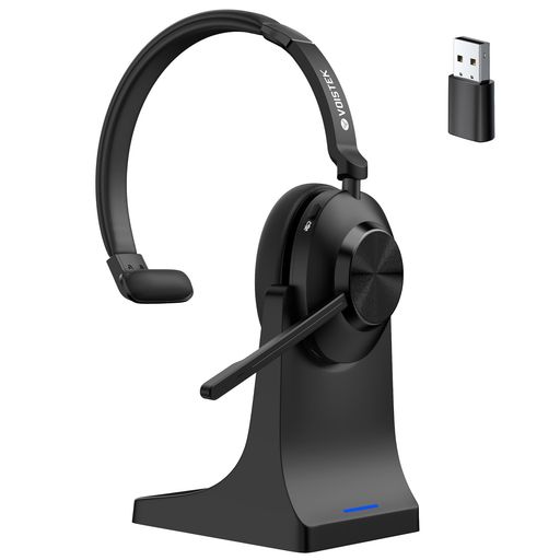 Voistek業務用ワイヤレスヘッドセットBluetooth5.3ヘッドセット充電スタンド付きUSBドングル両耳:新型ノイズキャンセリングマイク付き単一指向性ボタン操作ミュートボタン付き2台同時接続50…