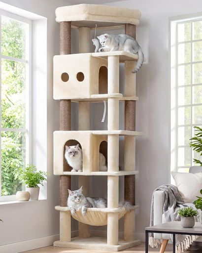 Globlazerキャットタワーベージュ大型猫用省スペース隅に置く猫タワー取り外し可能なクッション付きの展望台2つ広々としたの猫ハウス特大のハンモック厚くなったベースプレート6つ天然…