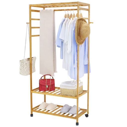 Susireハンガーラック木製キャスター付き収納棚付きコート掛け玄関洋服掛けおしゃれ子供大容量賃貸幅80cmシングルクローゼット服掛けるラック頑丈