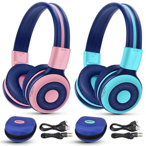 SIMOLIO2パック子供用ワイヤレスヘッドフォン75dB、85dB、94dB音量制限付き、マイクとハードケース付きキッズヘッドホンBluetooth女の子男の子用授業音楽会話無線有線両用712PM