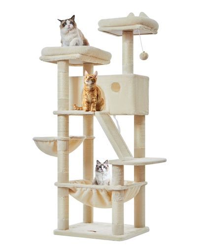 Taoqimiaoキャットタワー大型猫用高さ約146cm据え置き式猫タワー多頭飼い対応省スペース転倒防止付き運動不足解消安定感天然麻紐の猫の爪とぎボードシザル爪研ぎポール8本特大猫ハウス付…