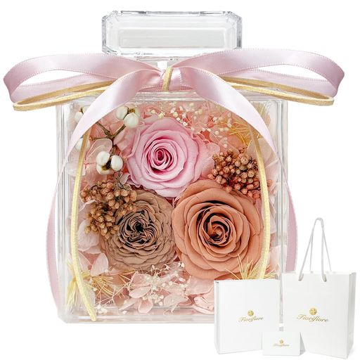 fiorifioreプリザーブドフラワーギフト香水瓶型アクリル花器枯れない花薔薇フラワーギフト白色ギフトボックスギフトバッグメッセージカードがローズ香りカード付き誕生日母の日記念日…