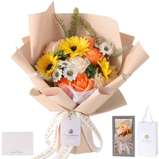 Fiorifioreソープフラワーひまわり花束卒業式ギフト人気プレゼント母の日誕生日造花ひな菊バラ女性退職祝い送別会インテリア(Candice)